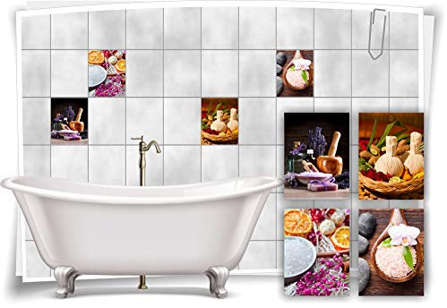 Medianlux Fliesen-Aufkleber SPA Wellness Salz Schale Öl Flieder Orange Lila Holz Bad WC Deko, 15x20cm fp5p423h-133917