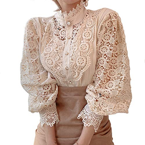 GUYUEQIQIN Women’s Stand Collar Lace Patchwork Shirts Casual Hollow Out Flower Petal Sleeve Button Tops, Apricot, M