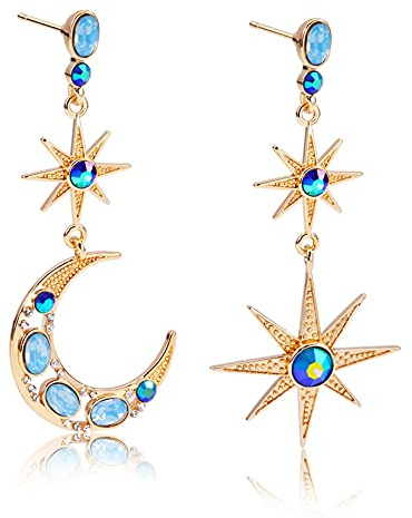 Gilieyer Stern und Mond Ohrringe, Böhmische Ohrringe Zierliche Lange Ohrringe Asymmetrie Halbmond Stern Ohrstecker Ohrringe Mond Sterne Vergoldet Retro Schmuck (Style 2)