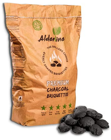 Alderline Premium Charcoal Briquettes (4kg) - Perfect for slow BBQ sessions - Ready in 15 Minutes, Pillow-Shaped, Up to 300°C, 4+ Hour Burn Time - 100% Natural, Sustainable Charcoal for Grilling