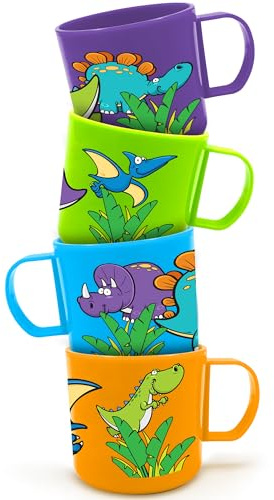 ArtCreativity Dinosaur Mugs for Kids, Set of 4, 3-Inch Plastic Cups in Assorted Colors & Designs, Ideal for Dinosaur Party Favors, Gifts,Photo Booth Props, Table Decorations for Themed Parties