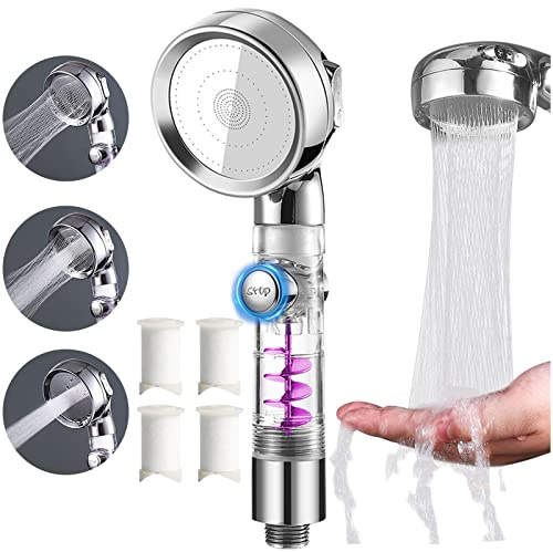Propeller-Duschkopf, 3 Modi, einstellbar, Hochdruck-Wasserspar-Dusche mit 4 Filter und Wasserstop-Taste, Turbo-Lüfter-Antrieb, Duschkopf, Propellerantrieb, Handbrause (Silber)
