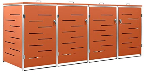 Hommdiy Mülltonnenbox für 4 Tonnen 276,5x77,5x112,5 cm Rahmen aus Edelstahl Mülltonnenverkleidung Müllbox Mülltonne Müllcontainer Gartenbox Gerätebox Mülltonnenschrank orange