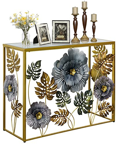 Lewahom Console Table, Vintage Art Sofa Table with Metal Flower Decor, Narrow Entryway Tables with Glass Mirror Tabletop Behind Sofa, Narrow Accent Table for Entryway Living Room Hallway Bedroom