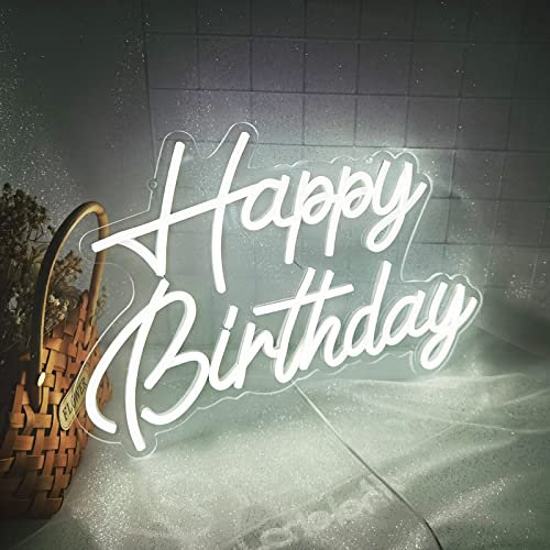 Happy Birthday Neon Sign Reusable White LED Neon Night Light Birthday Party Decorations USB Operated Decorative for Backdrop Party Bedroom Wall Décor 5v,16.5*11