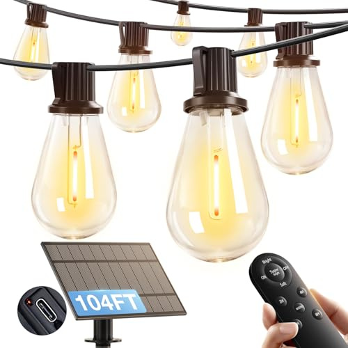 addlon 102FT(96FT+6) Solar String Lights Outdoor Waterproof with USB Port & Remote Control Solar Patio Lights for Outside Solar Powered with 34 LED Dimmable Bulbs for Porch Garden Deck Halloween