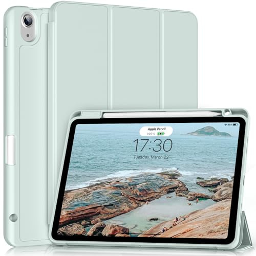 ZKTUYU Coque pour iPad Air 11 M2 2024/iPad Air 6/iPad Air 5ème génération 2022/iPad Air 4ème génération 2020 10,9,Coque arrière en TPU Flexible avec Porte-Stylo,Réveil/Sommeil Auto, Vert Clair