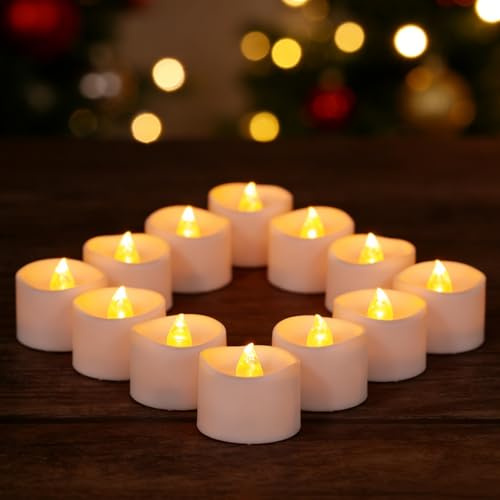 Yakpo 12 Stück warmgelbe flackernde batteriebetriebene LED-Teelichter mit Timer, flammenlose Kerzen mit Timerfunktion, elektrische künstliche Teelichter für Weihnachts-Halloween-Kürbis-Dekorationen