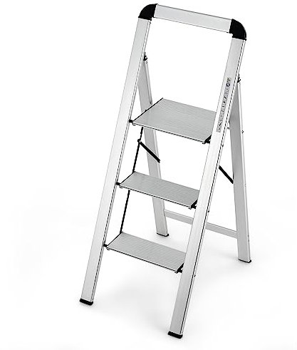 GYMAX Scala in Alluminio, Scaletta Salvaspazio e Pieghevole con Gradini e Cuscinetti Antiscivolo, Portata di 150 kg (3 Gradini - 62x44x109 cm)