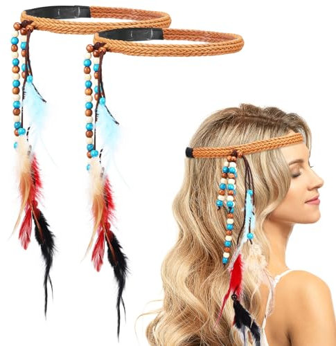 Beaupretty Feder Haarreif Mardi Gras Stirnband Indische Feder Kopfschmuck Boho Feder Stirnbänder Karneval Costume Haarreif für Frauen 2 Stück