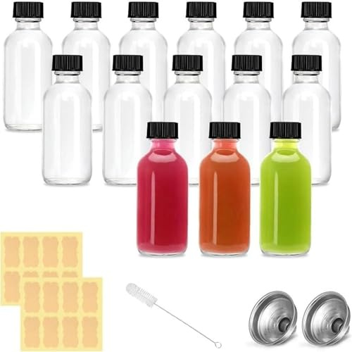 Svitzoot 12 X 60ML Shot Flaschen zum Befüllen Mini Glasflaschen mit Deckel | Mit Trichter, Etiketten und Stift, Wiederverwendbare Glasflaschen zum Befüllen Perfekt für Ingwer, schnaps, Likör