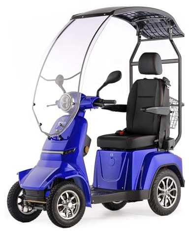 VELECO GRAVIS - 4-Rad-Mobilitätsgerät mit Dach und Windschutzscheibe - Kapitänssitz mit hoher Rückenlehne - herausnehmbarer Lithium-Ionen Akku- montiert und fahrbereit - LED-Beleuchtung (Blau)