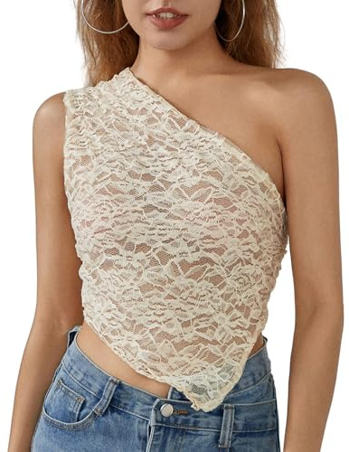 Acrawnni Women Lace One Shoulder Sleeveless Tank Top Sleeveless Sheer Mesh Lace Backless Slim fit Irregular Hem Tie Up Summer Tops (A-Yellow, M)