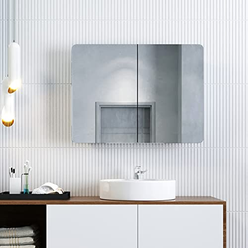 ZANOFIRA Double Door Bathroom Mirror Cabinet Wall Mounted Stainless Steel Bathroom Cabinets with Mirror and Adjustable Shelves 800 x 600 mm