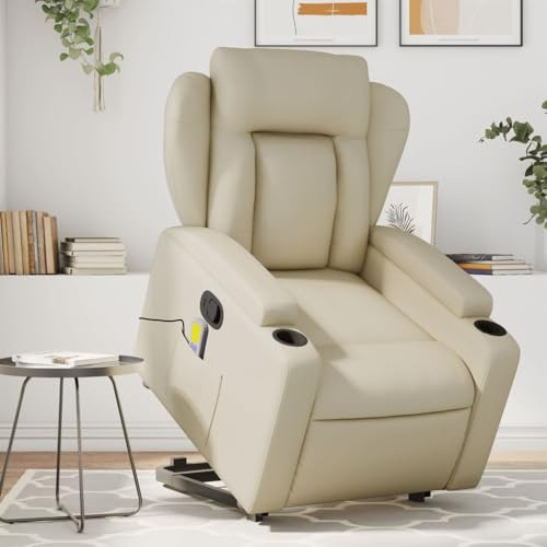 Homgoday Poltrona massaggiante con ausilio per alzarsi, poltrona relax, poltrona per TV, con funzione reclinabile, poltrona reclinabile, per soggiorno, color crema