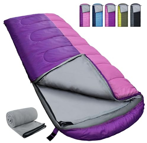WKFAMOUT XL Schlafsack Outdoor mit Fleecefutter Schlafsäcke Erwachsene Maschinenwaschbar Winter Deckenschlafsack mit Kompressionssack für 4 Jahreszeiten Camping Wandern Lila