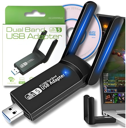 Tarjeta de red WiFi externa USB 3.0 1300Mbps | Adaptador inalámbrico de doble banda 5GHz/2.4GHz | Antena de 5 dBi | Modo de simulación AP | Plug & Play | Compatible con Windows/Mac | Cifrado WPA/WPA2