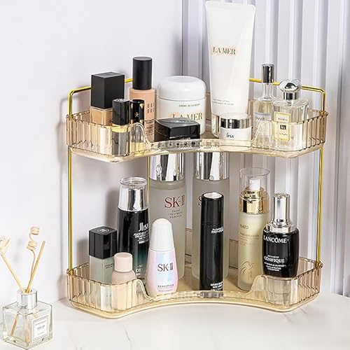 LEIKOSUP Makeup Organizer, 2 Ebenen Kosmetik Aufbewahrung, Arbeitsplatte Vanity, Eck-Badezimmertisch für Hautpflegemittel, Nagellack, Bernstein
