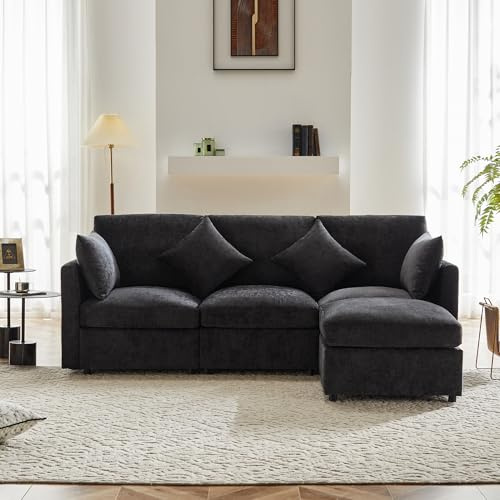 Soweiz Modernes Design, Chenille-Stoffsofa, Dreisitzer-Sofa, Viersitzer-Sofa, L-förmiges Ecksofa mit Fußhocker, geeignet für Wohnungen，216x161x81 cm (Grau)