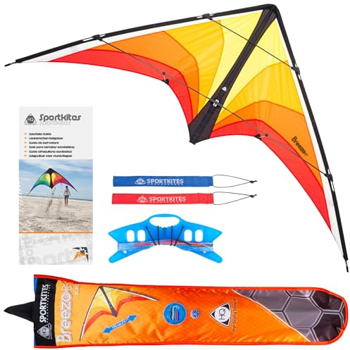 HQ Lenkdrachen Breezo Blaze Allround ab 12 Jahren für Erwachsene und Kinder | stabiler Zweileiner inkl. 50kp Dyneemaline 2x25m auf Winder + Schlaufen Flugdrachen für Freizeit und Urlaub, 82x170cm 2-6 Bft