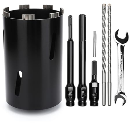 Corona de perforación de 130 mm, longitud útil de 200 mm con vástago SDS Plus de 220 mm, SDS max 220 mm, vástago hexagonal de 110 mm, broca de centrado de 10x240 mm, para mampostería