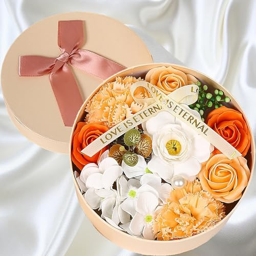 QSLKI Caja De Regalo De Flor De Jabón De Rosa Artificial, Flores Falsa, Mujer Flores De Jabon Rosas Artificiales, Pétalo De Rosa Perfumado para Bodas, Pedidas, Fiestas, Decoración Romántica (Naranja)