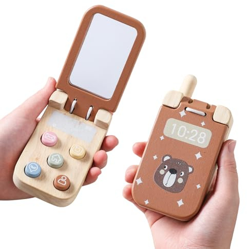 Wooden Baby Cell Phone Toy, Flip Pretend Play Phone for Toddlers - with Mirror & Functional Buttons, Enhance Fine Motor Skills, Natural Wood Toy , Ideal Gift for Kids 1 - 3