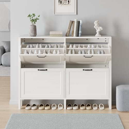 Anunweldo Schuhschrank mit 2 Klappschubladen，120x81x23cm，Schmaler freistehender Schuh-Organizer，für Eingangsbereich, Flur, Schwarz (Weiß)