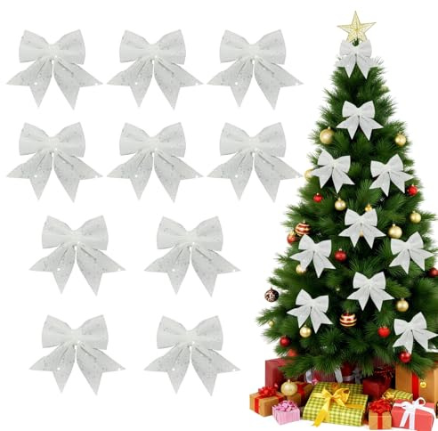 10 Pezzo Fiocchi Per Albero Di Natale Decorazioni Set,Fiocco Puntale Albero Di Natale,Glitterati Fiocchi Rossi Grandi 20 X 15 Cm Con Paillettes,Fiocco Nastro Natalizio Ghirlanda Decora (White)