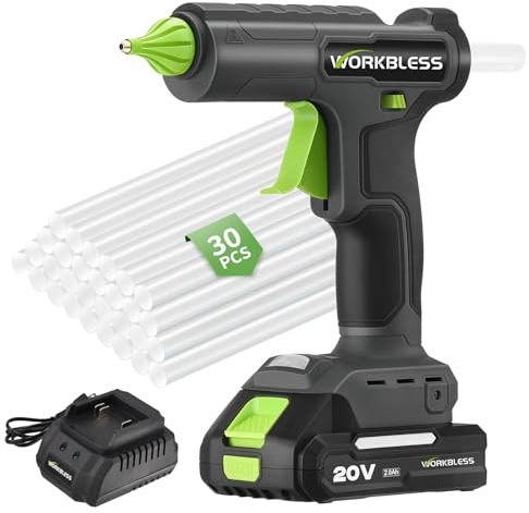 WorkBless Cordless Hot Glue Gun Full Size,Hot Glue Gun with 20V 2000mAh Battery & 30pcs 11mm Clear Glue Sticks, Heavy and Duty Hot Glue Gun for Arts, Repair, Wood Working, Leak-Proof Nozzle