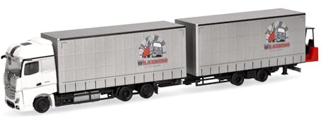 Herpa Camion Miniature Mercedes-Benz Actros Train Routier Jumbo à bâches avec Chariot élévateur Wilkening, Miniature à l’échelle 1:87, Objet de Collection, fabriqué en Allemagne, Plastique