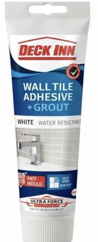 DECK INN ® Easy Apply Ultraforce Wall Tile Adhesive and Grout, WHITE Waterproof Anti-Mould bathrooms and kitchens TUBE