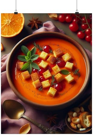 Premium Matte Poster of Red-Orange Soup with Golden Croutons and Lilac Napkins in a Terracotta Bowl