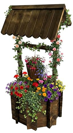 Relaxdays Dekorativ planterbar fontän för trädgård, hink och vev, brunt trä, 114 x 56 x 56 cm