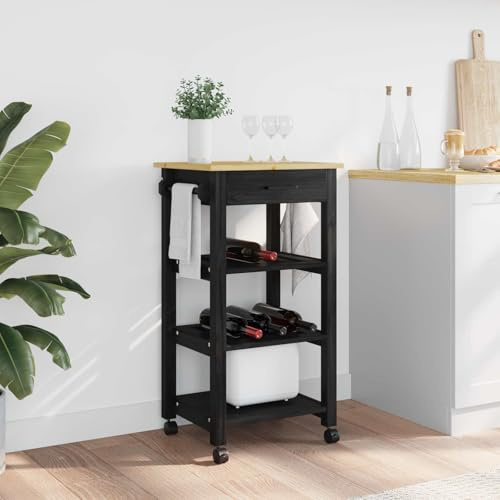 Drillkyn Monza köksvagn svart av massivt trä furu, 48 x 40 x 88,5 cm, köksvagn serveringsvagn rullvagn sidovagn arbetsvagn för kök med förvaringsutrymme och hylla