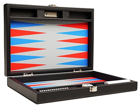 Silverman & Co. 33 cm Backgammon-Set für Erwachsene – Blaue und rote dreieckige Spitzen – Kunstleder – komplettes Spielset inkl. Zubehör – leicht und tragbar