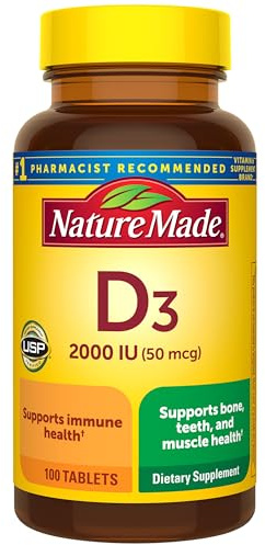 Nature Made Vitamin D3 2000 IU (50 mcg), Vitamin D Supplement for Bone, Teeth, Muscle and Immune Health Support, 100 Tablets, 100 Day Supply