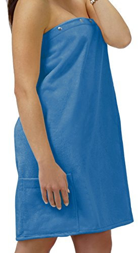 Lashuma Saunakilt Dame Blau - Azur, Saunatuch FUN aus Frottee Baumwolle, Sauna Sarong mit Druckknöpfen, Tasche und Gummizug