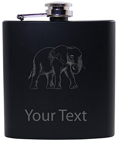 Petaca personalizable de acero inoxidable con diseño de elefante, color negro