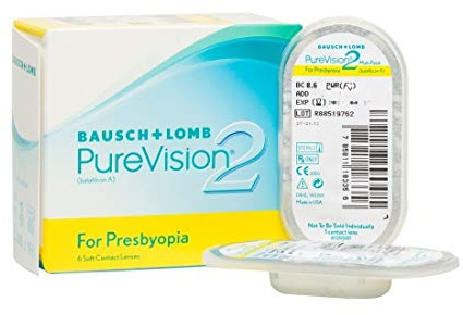 Bausch + Lomb PureVision 2 for Presbyopia Monatslinsen, sehr dünne Gleitsicht-Kontaktlinsen, weich, 6 Stück BC 8.6 mm/DIA 14 / -1.75 Dioptrien/ADD Low
