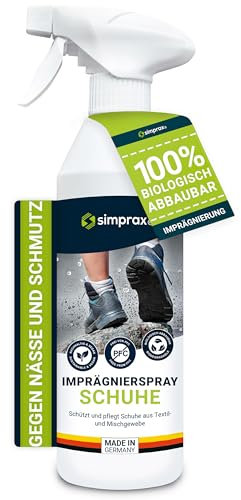 SIMPRAX® Spray Impermeabilisant Chaussure - Protection Écologique pour Baskets, Chaussures Outdoor & Randonnée - Vegan Bombe Imperméabilisante Chaussure pour Gore-Tex Tissu & Membrane - 250 ml