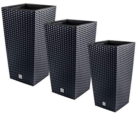 PAFEN 3in1 Set 3X Blumentopf Blumenkübel Rattan-Optik 4 Farben Pflanztopf inkl. Einsatz XL-Set (Anthrazit)