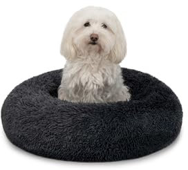 lionto Donutbett für Hunde und Katzen, Flauschiges Hundebett rund für kleine und große Heimtiere, Ø 50 cm, weiches Katzenbett aus kuscheligem Plüsch, Hundekissen mit extra Dicker Füllung, dunkelgrau