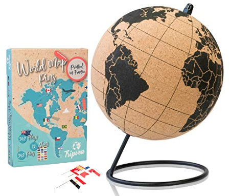 Tripvea® Globo terráqueo con Corcho + 342 Banderas de países del Mundo - Pegatinas de Banderas con chinchetas por la educación y organización de Viajes - Globo 20 cm