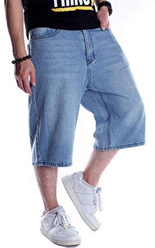 Kinghua Baggy Jean Shorts for Men Casual Loose Fit Hip Hop Skateboard Denim Shorts, Light Blue 022-1, 32