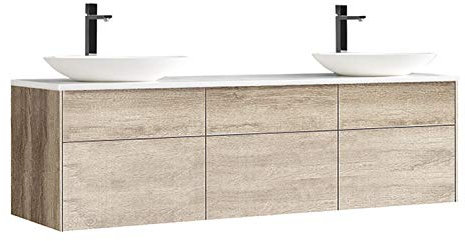 StoneArt Badmöbel Set Mineralguss Waschbecken Waschschale Aufsatzwaschbecken und Unterschrank Waschtisch Einzel- oder Doppelwaschbecken Venice VE-1800pro-3 Eiche hell 180cm