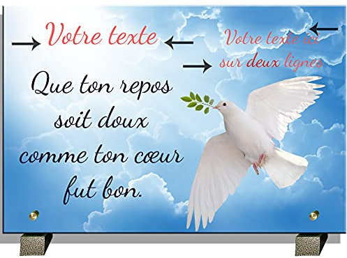 PHENIX | Plaque Funéraire avec Colombe, Plaque Funéraire Colombe Personnalisable en Pierre (22,5x15 cm) - Texte 100% Personnalisable - Résistante aux UV - Colombe et Rameau d'Olivier