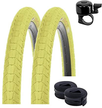 2 x Kenda K-907 Krackpot 20 BMX Fahrradreifen Fahrradmantel in Gelb 50-406 (20 x 1.95) + 2 passende Schläuche DV inkl. Fahrradklingel