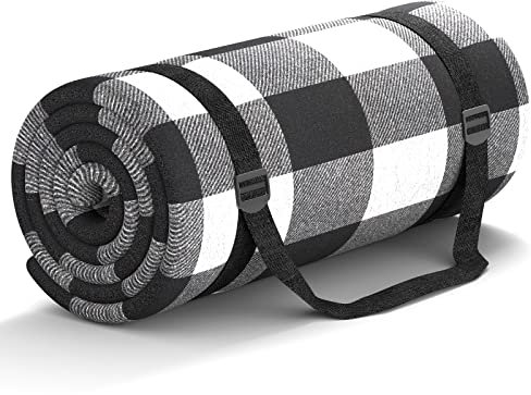 HUTHIM Picknickdecke 200x200cm,StranddeckeWasserdicht Sandfrei Outdoor Decke WaschbarXXL Picknickdecken, Faltbar Strandmatte mitSchultergurt, ideal für Strand Park (Schwarz-WeiB-Gitter)