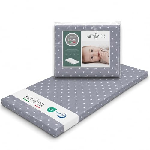 baby idea Materasso Lettino Campeggio Sfoderabile Pieghevole Traspirante a NormaEN16890:2017 Federa100% Cotone Oeko-tex® Interno Certificato Certipur™ 60x120x4 OMAGGIO Borsa da Viaggio(Stelle Grigio)